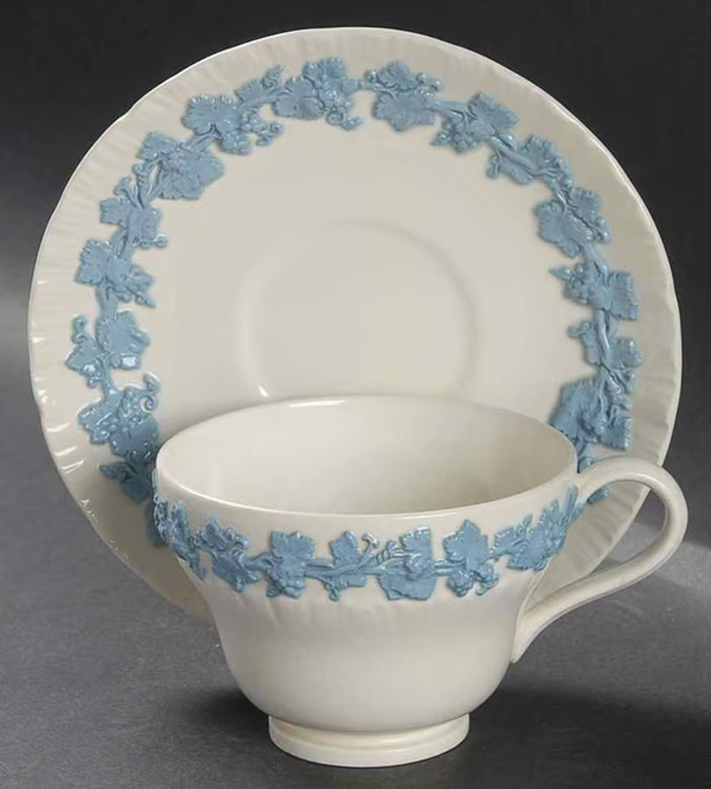Wedgwood Grape Embossed Queensware Lavender on Egg Shell Edge Demitasse Cup Set